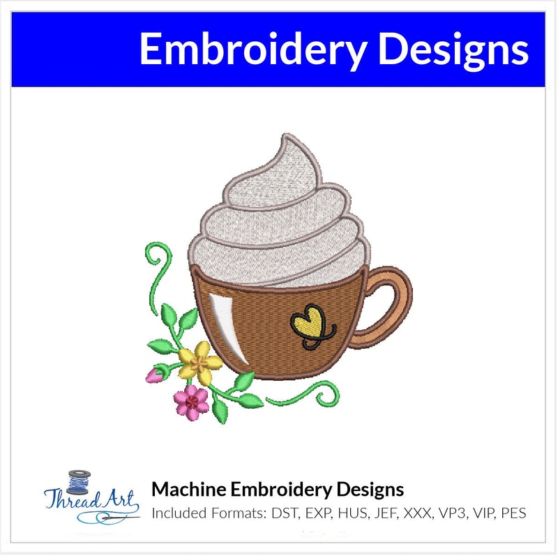 Cute Coffee Cup Embroidery Design Instant Download  – 3 Sizes – 8 Formats – ThreadArt