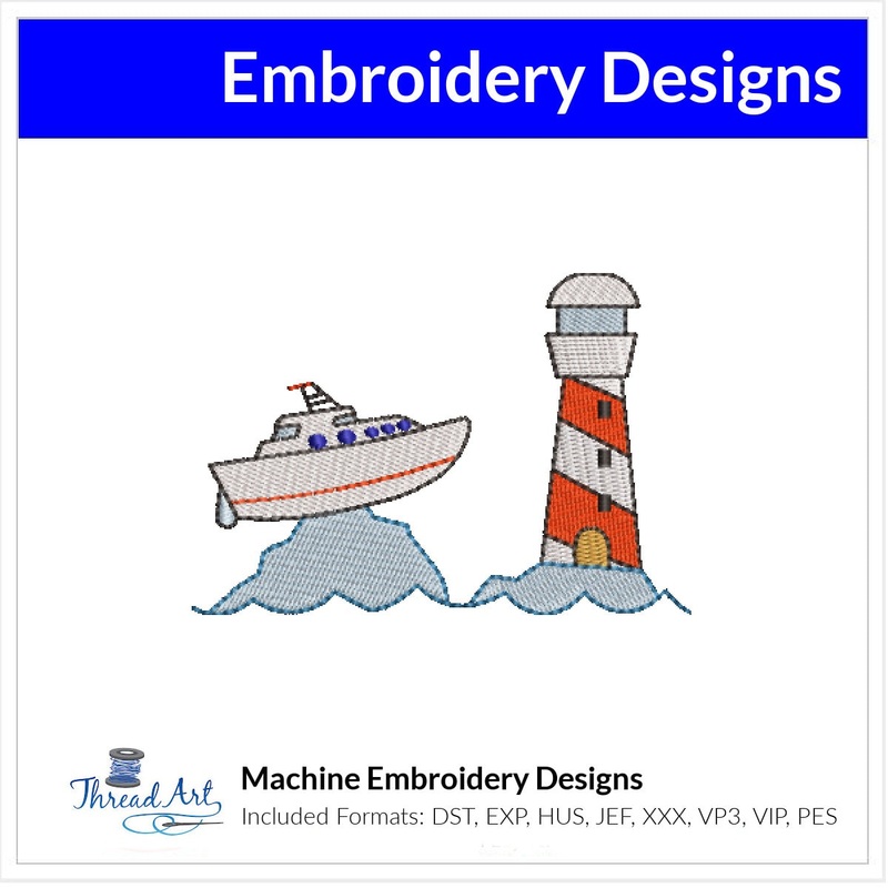 Lighthouse and Boat Embroidery Design Instant Download Cute Boat – 3 Sizes – 8 Formats – ThreadArt