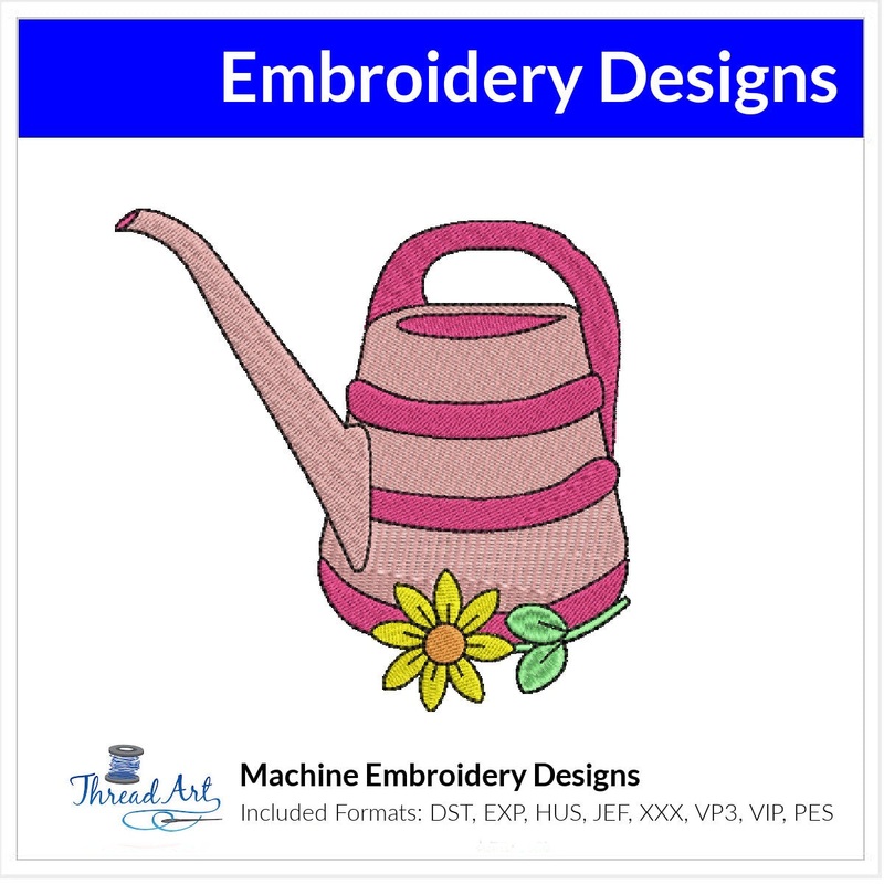 Pink Garden Can Embroidery Design Instant Download Cute Watering Can – 3 Sizes – 8 Formats – ThreadArt