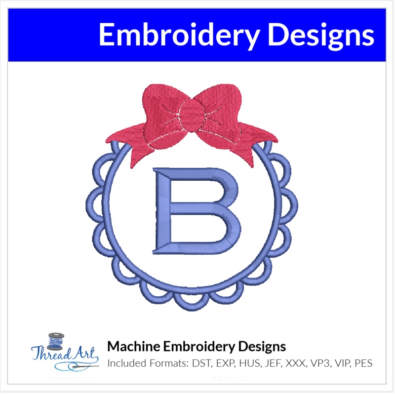 Bow Circle Monogram Frame Embroidery Design Instant Download – 3 Sizes – 8 Formats – ThreadArt
