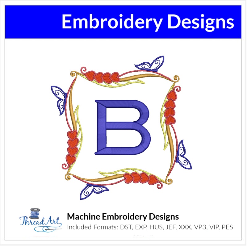 Butterflies & Hearts Monogram Frame Embroidery Design Instant Download – 3 Sizes – 8 Formats – ThreadArt