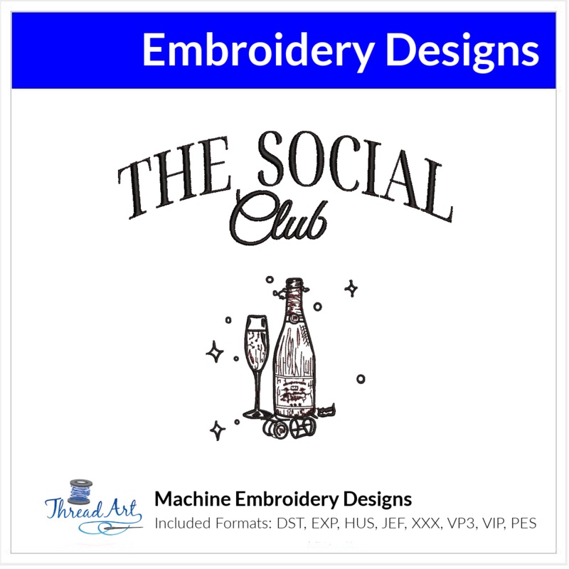 Champagne Sketch Embroidery Design Instant Download – 3 Sizes – 8 Formats