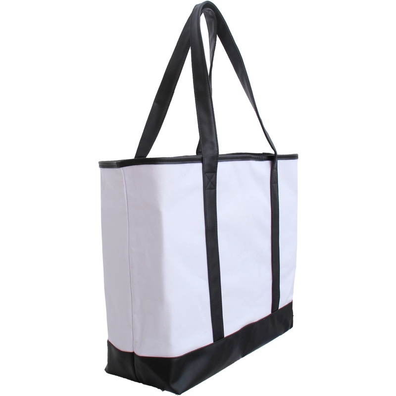 Extra Large Canvas & Vegan Leather Tote Bag – White With Black Handles