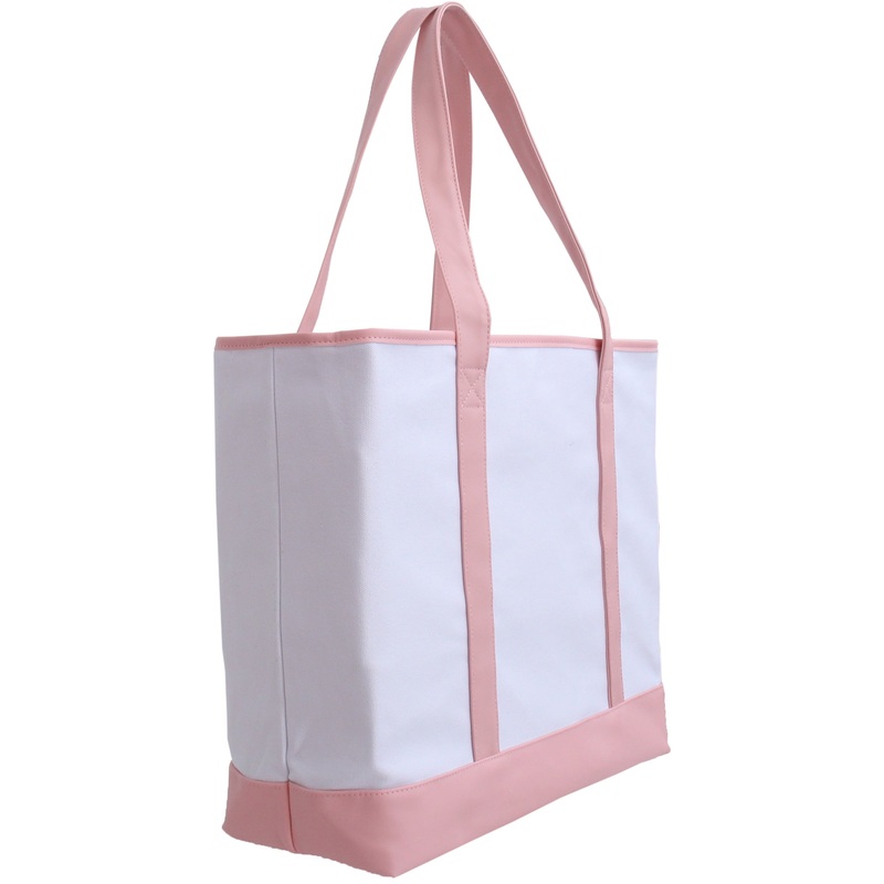 Extra Large Canvas & Vegan Leather Tote Bag – White With Light Pink Handles