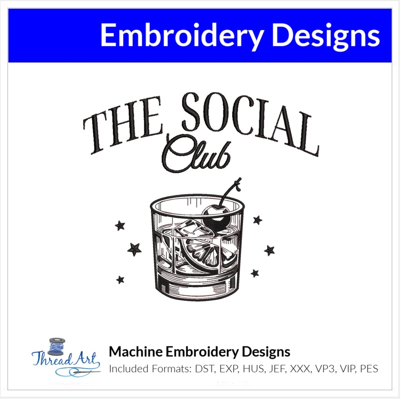 Old Fashion Social Club Sketch Embroidery Design Instant Download – 3 Sizes – 8 Formats