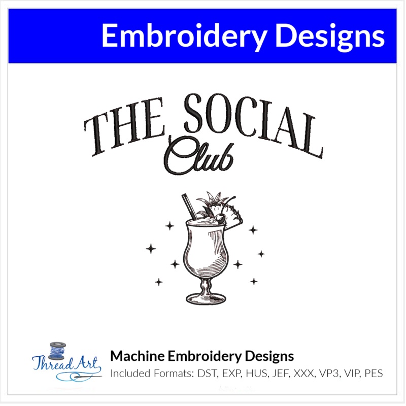 Pina Colada Social Club Sketch Embroidery Design Instant Download – 3 Sizes – 8 Formats – ThreadArt