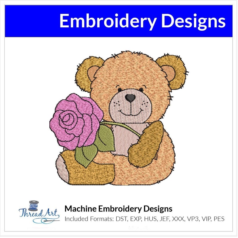 Adorable Valentine Bear with Flowers Machine Embroidery Design Instant Download – 3 Sizes – 8 Formats – ThreadArt