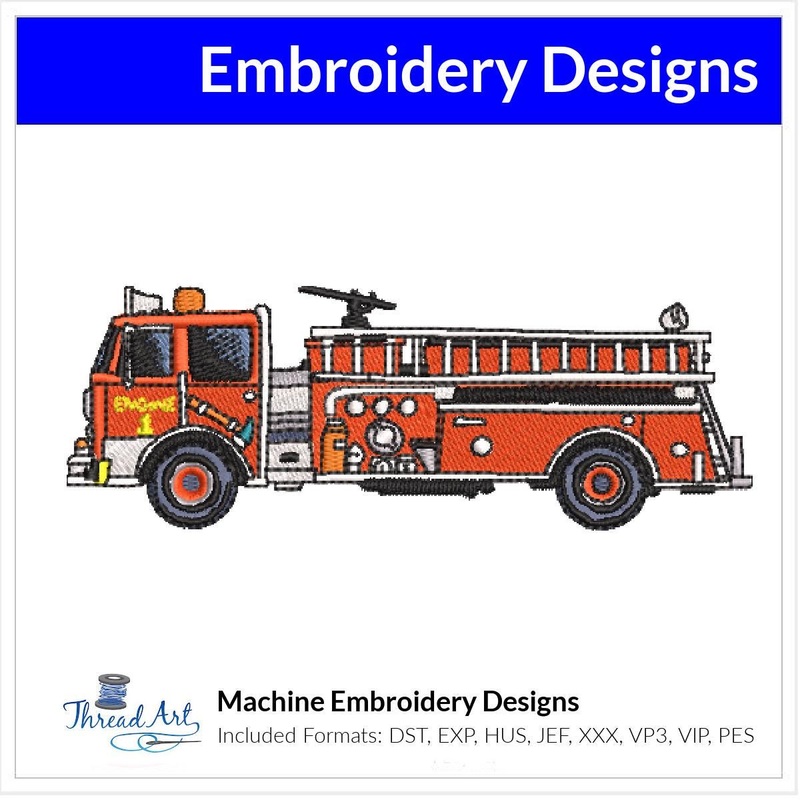 Fire Truck Machine Embroidery Design Instant Download – 4 Sizes – 8 Formats – ThreadArt