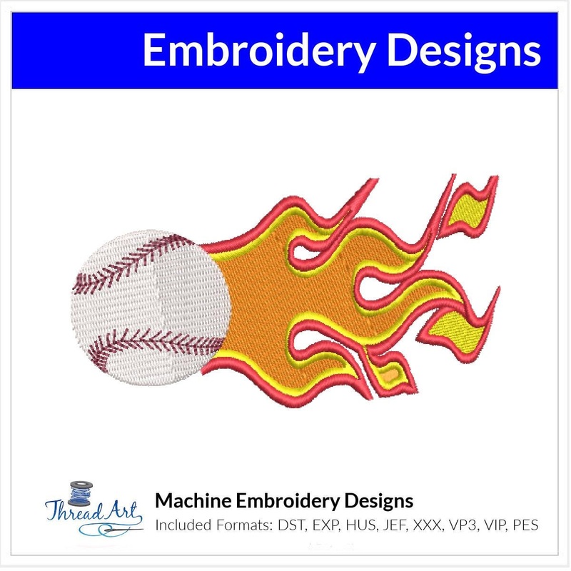 Flaming Baseball Machine Embroidery Design Instant Download – 4 Sizes – 8 Formats – ThreadArt