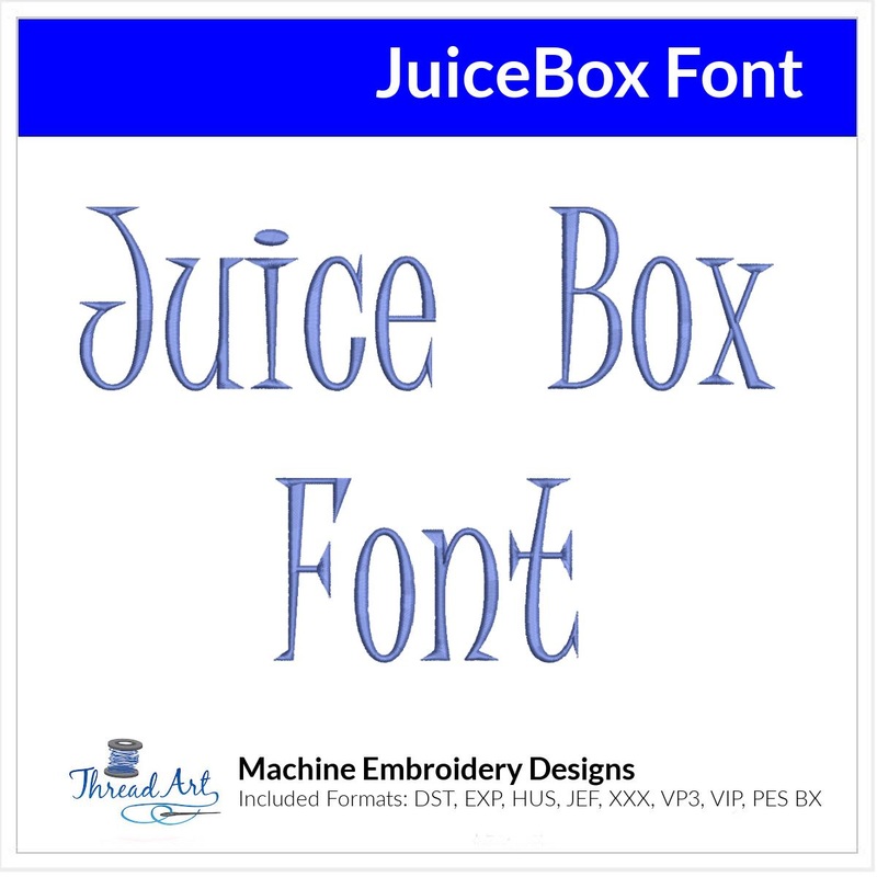 Juice Box Font Machine Embroidery Design Set – Alphabet Letters Numbers BX Font – Download 9 Formats and 4 Sizes