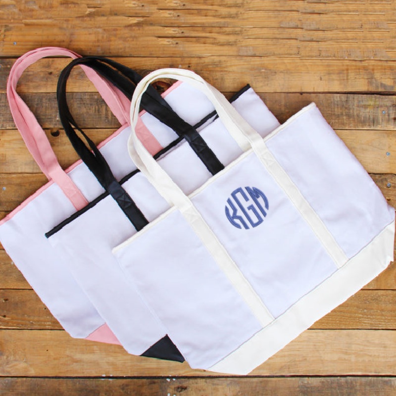 Monogrammed Leather and Canvas Tote Bag  – Embroidered Initials