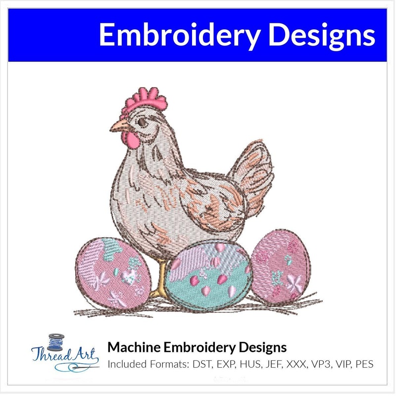Easter Chicken With Eggs Embroidery Design Instant Download Cute – 3 Sizes – 8 Formats – ThreadArt