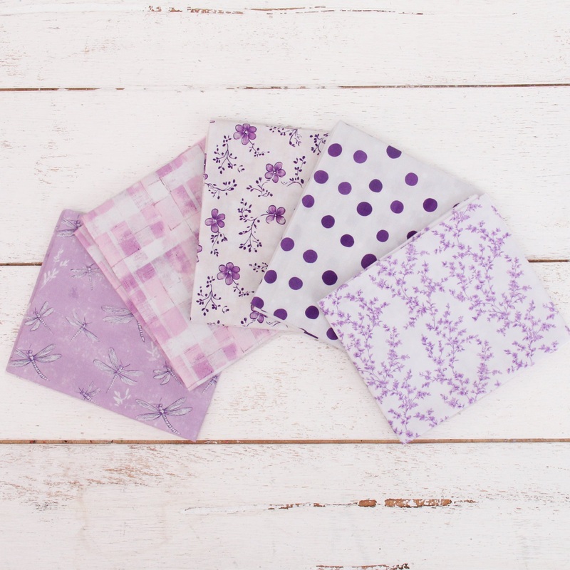 Fat Quarter Bundle – Five White & Purple Precut Cotton Fabrics