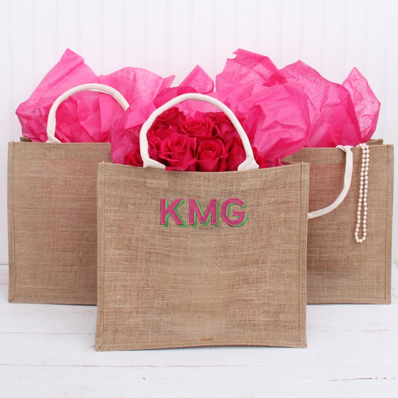 Monogrammed Jute Tote Bag – Embroidered Two Color Shadow Block