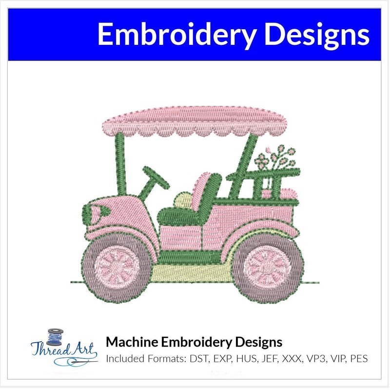 Pink Golf Cart  Embroidery Design Instant Download Cute Sport Summer – 3 Sizes – 8 Formats – ThreadArt