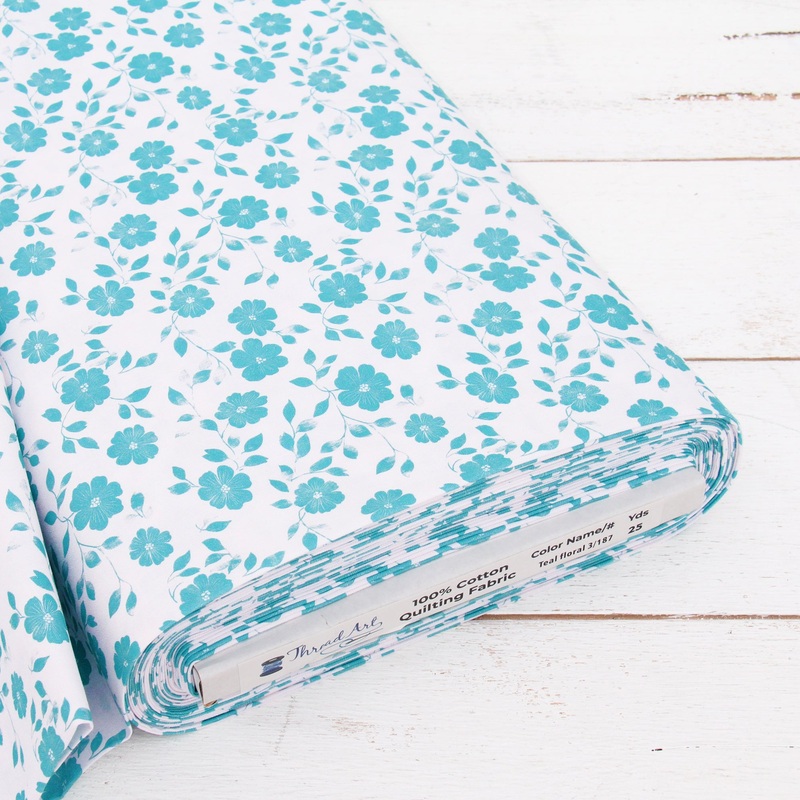 Premium Cotton Quilting Fabric Sold By The Yard – Vintage Threads Collection – Aqua Flower