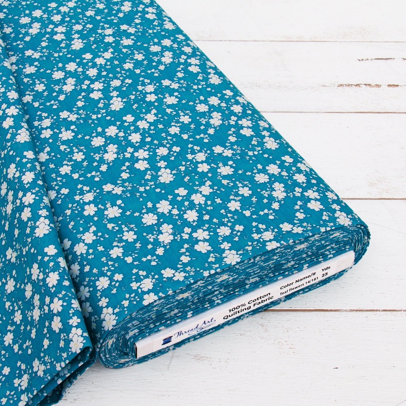 Premium Cotton Quilting Fabric Sold By The Yard – Vintage Threads Collection – Teal Flower