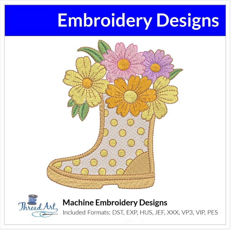 Spring Rain Boot Embroidery Design Instant Download Cute Spring Floral – 3 Sizes – 8 Formats – ThreadArt