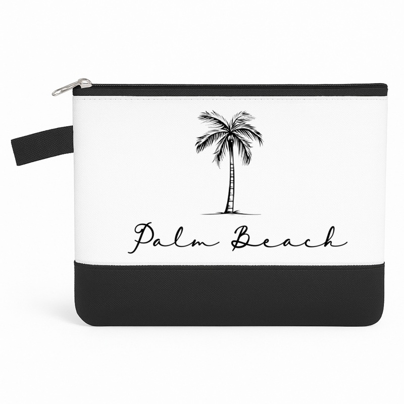 Embroidered Palm Tree Black & Canvas Large Pouch – Custom Name