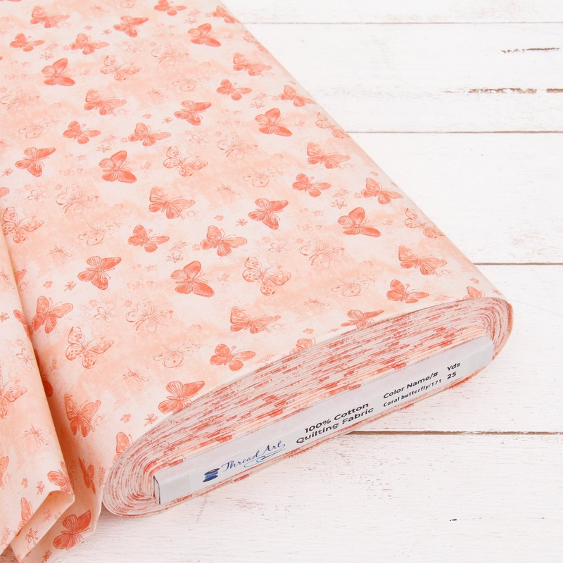 Premium Cotton Quilting Fabric Sold By The Yard – Vintage Threads Collection – Coral Butterfly