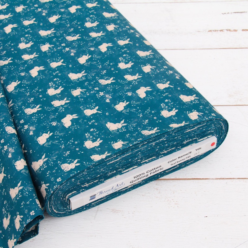 Premium Cotton Quilting Fabric Sold By The Yard – Vintage Threads Collection – Teal Bunnies