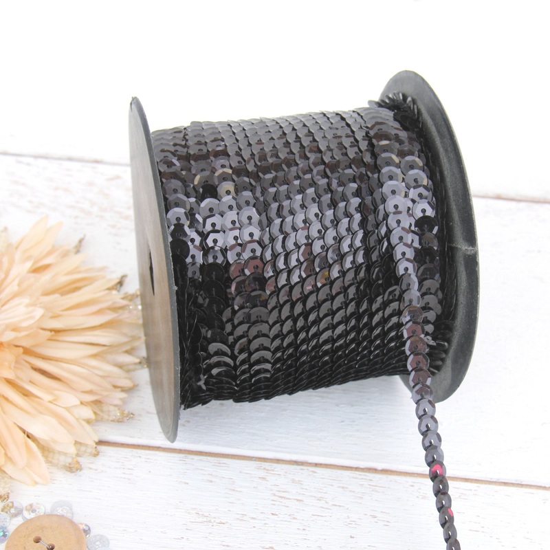 6MM Sequin String 80YD Roll – Black Faceted LZ