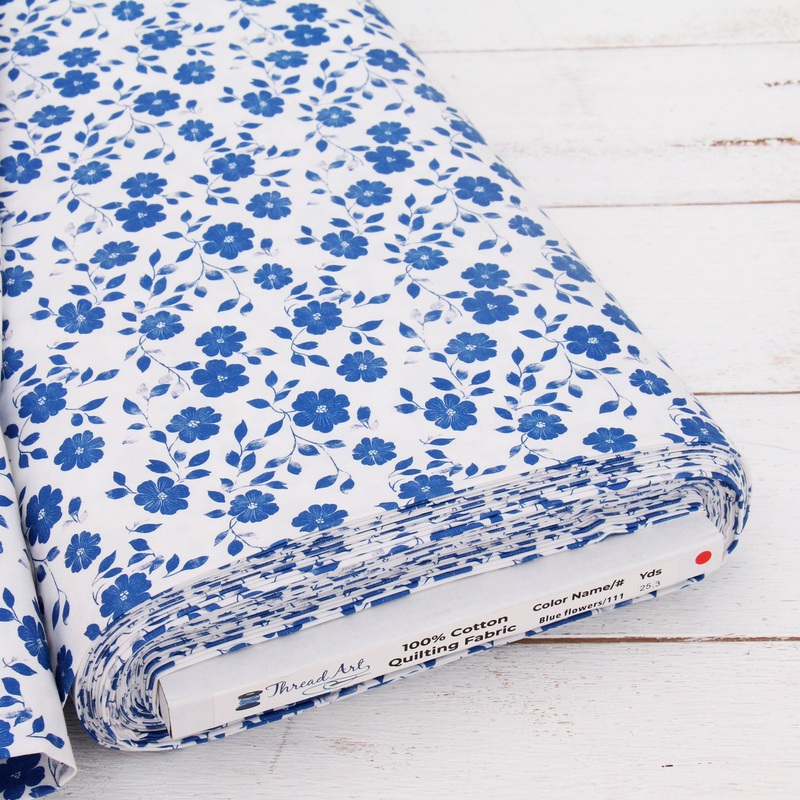 Premium Cotton Quilting Fabric Sold By The Yard – Vintage Threads Collection – Blue Flower