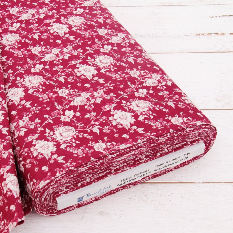 Premium Cotton Quilting Fabric Sold By The Yard – Vintage Threads Collection – Burgundy Flower