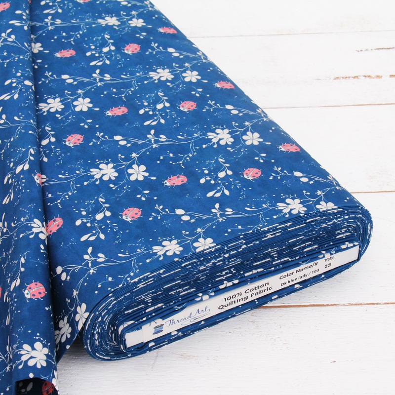 Premium Cotton Quilting Fabric Sold By The Yard – Vintage Threads Collection – Dark Blue Ladybug