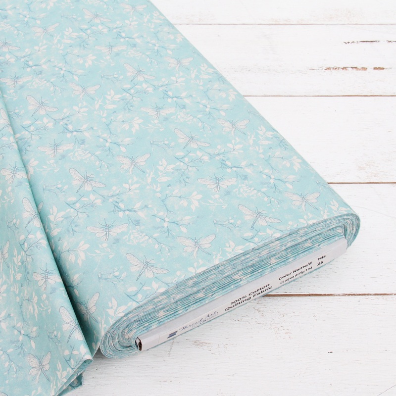 Premium Cotton Quilting Fabric Sold By The Yard – Vintage Threads Collection – Light Aqua Dragonfly