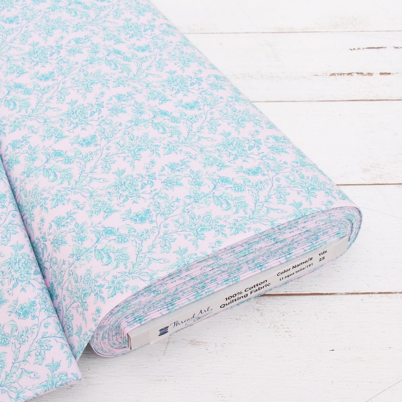 Premium Cotton Quilting Fabric Sold By The Yard – Vintage Threads Collection – Light Aqua Toile