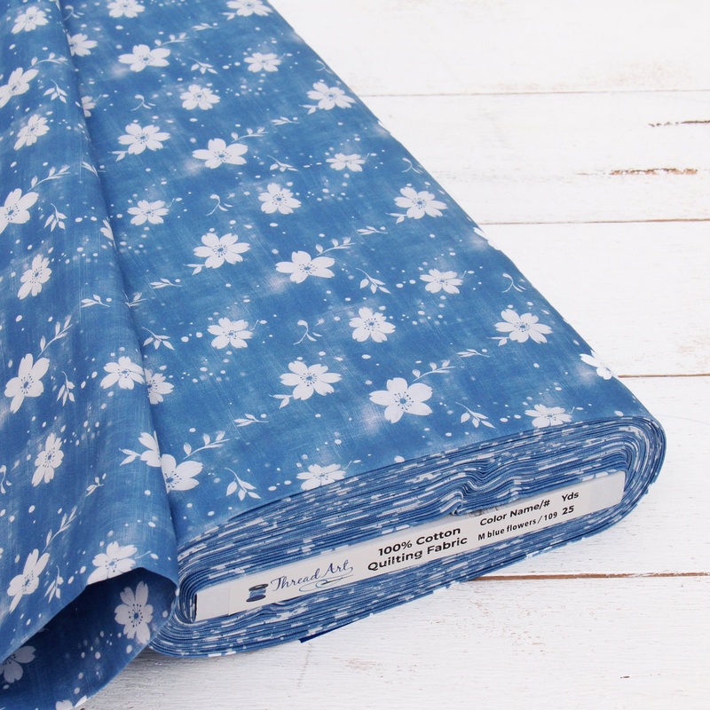 Premium Cotton Quilting Fabric Sold By The Yard – Vintage Threads Collection – Medium Blue Flower