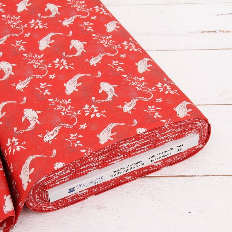 Premium Cotton Quilting Fabric Sold By The Yard – Vintage Threads Collection – Red Koi Fish